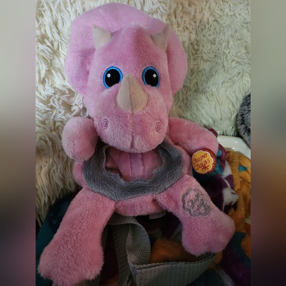 Chupa Chups Cool Friends Pink Plush Triceratops Dinosaur Backpack 13 inches